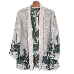 Chicos 2 Retro Paisley Long Jacket Alabaster Size large Open Front New $79